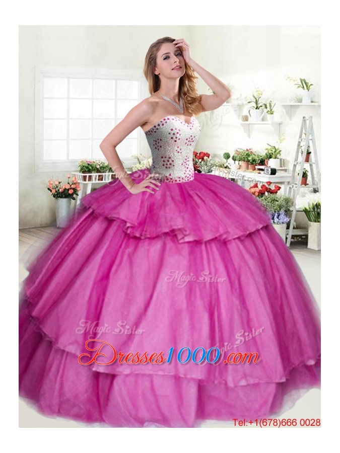 Luxurious Beaded Bodice and Ruffled Layers Quinceanera Dress in Fuchsia