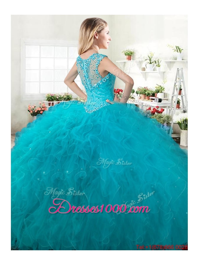 Modest Straps Beaded and Ruffled Turquoise Quinceanera Dress in Tulle