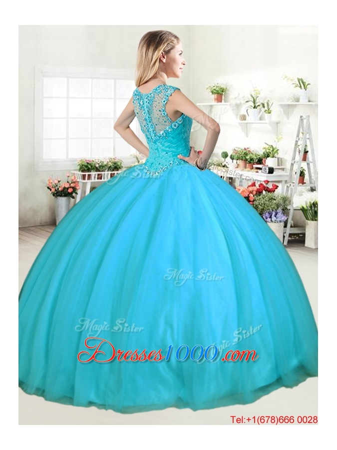 Modest Straps Beaded Aqua Blue Quinceanera Gown with Zipper Up
