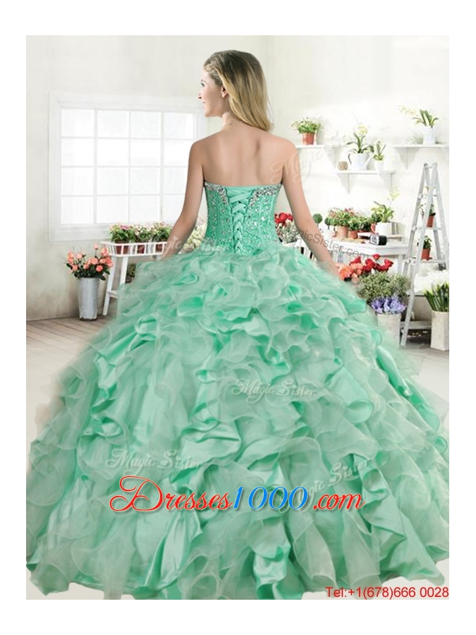 New Beaded Bodice and Ruffled Quinceanera Gown in Organza and Taffeta