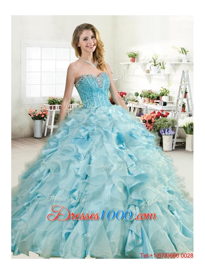 New Beaded Bodice and Ruffled Quinceanera Gown in Organza and Taffeta