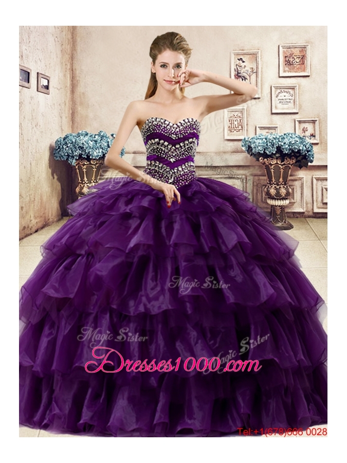 Romantic Beaded and Ruffled Layers Organza Quinceanera Dress in Purple