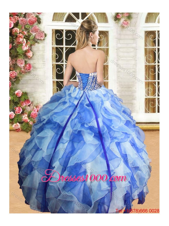 Beautiful Beaded Bodice and Ruffled Purple and White Quinceanera Dress in Organza