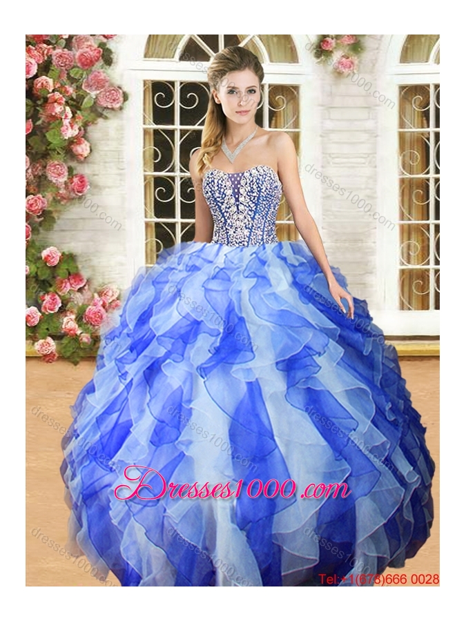 Beautiful Beaded Bodice and Ruffled Purple and White Quinceanera Dress in Organza