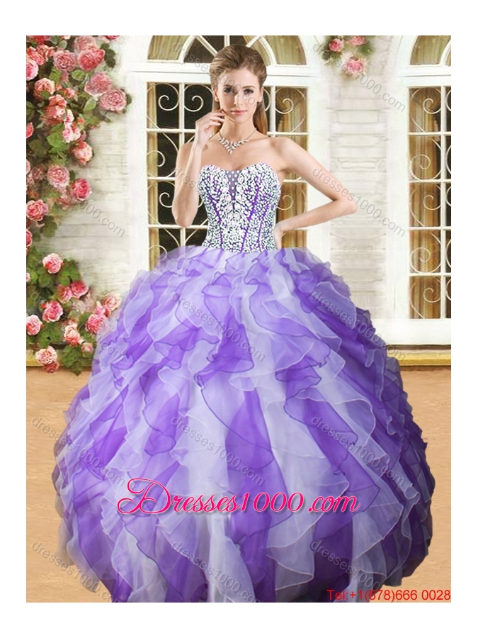 Beautiful Beaded Bodice and Ruffled Purple and White Quinceanera Dress in Organza