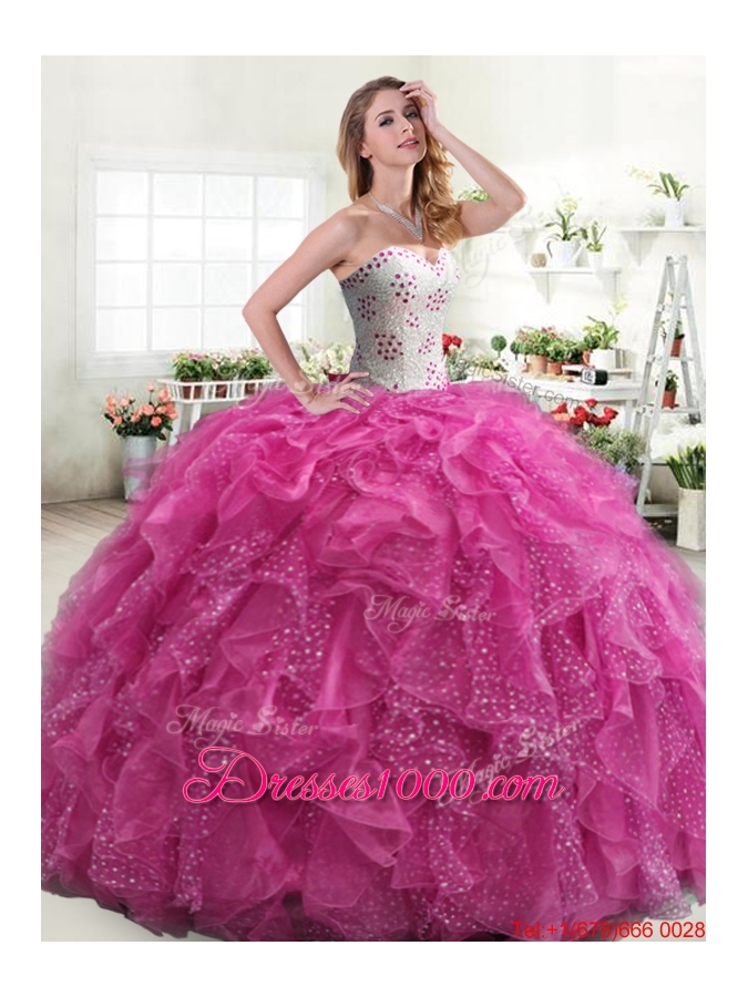 Lovely Puffy Skirt Hot Pink Sweet 16 Dress with Beading and Ruffles