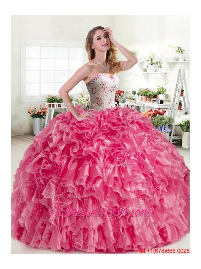 Luxurious Beaded and Ruffled Hot Pink Quinceanera Dress in Organza