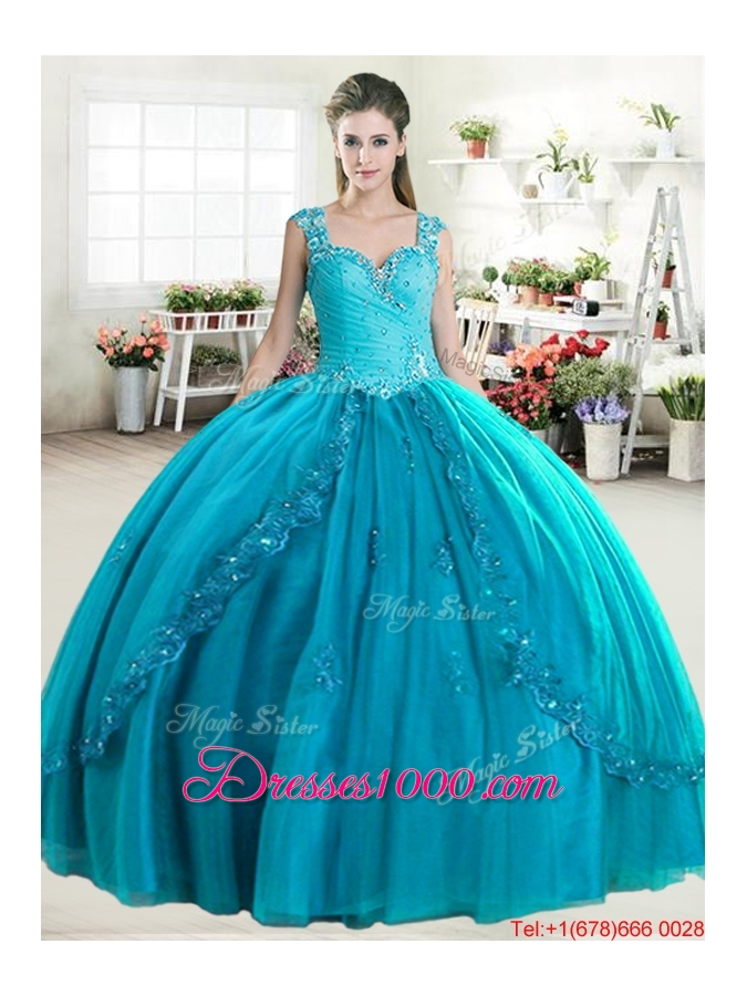 Popular Straps Beaded and Applique Quinceanera Dress in Royal Blue