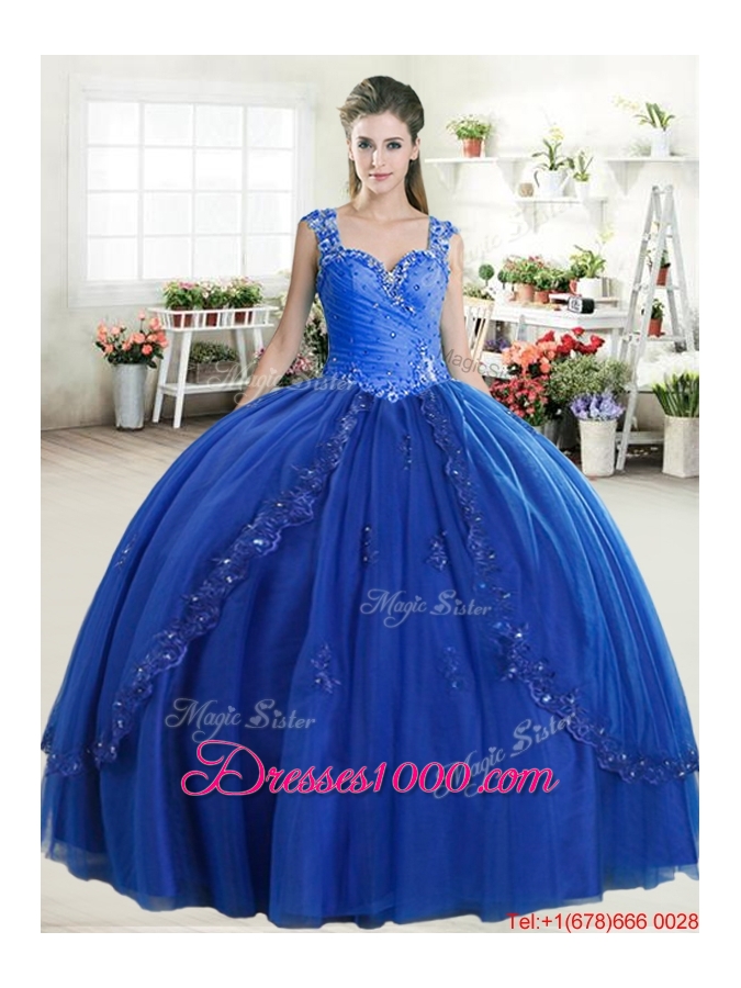 Popular Straps Beaded and Applique Quinceanera Dress in Royal Blue