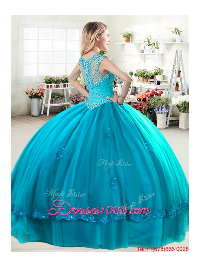 Beautiful Beaded and Applique Turquoise Quinceanera Dress with Zipper Up