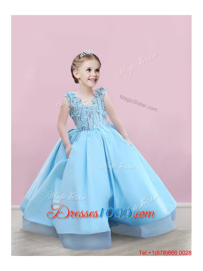 Romantic Deep V Neckline Baby Blue Evening Dress with Appliques and Best Selling V Neck Little Girl Dress in Satin
