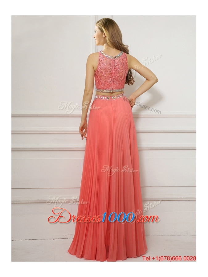 Two Piece Scoop Watermelon Red Evening Dress with Beading