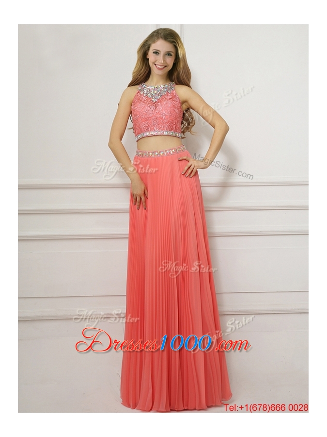 Two Piece Scoop Watermelon Red Evening Dress with Beading