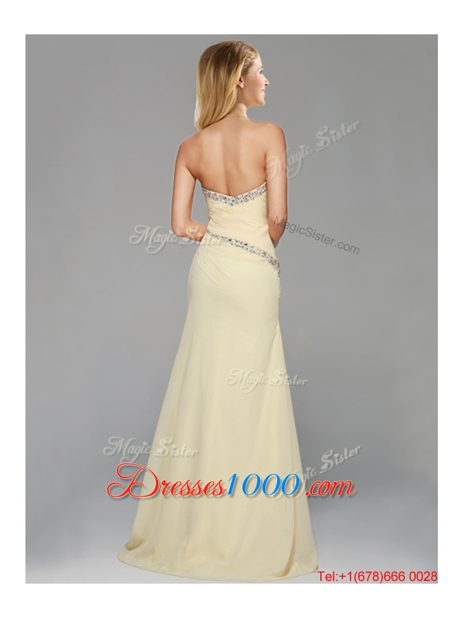 Wonderful Beaded Side Zipper Brush Train Evening Dress in Light Yellow