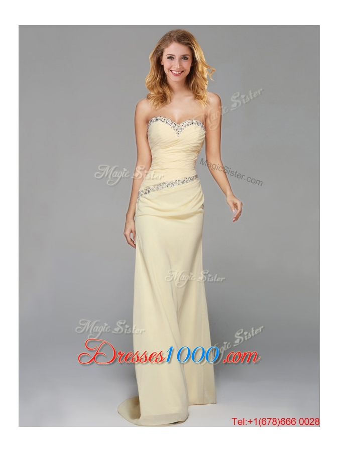 Wonderful Beaded Side Zipper Brush Train Evening Dress in Light Yellow