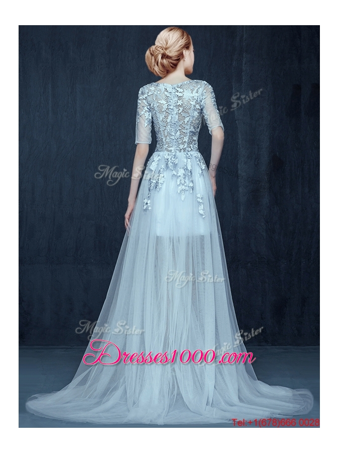 Beautiful Scoop Half Sleeves Applique Evening Dress in Lavender