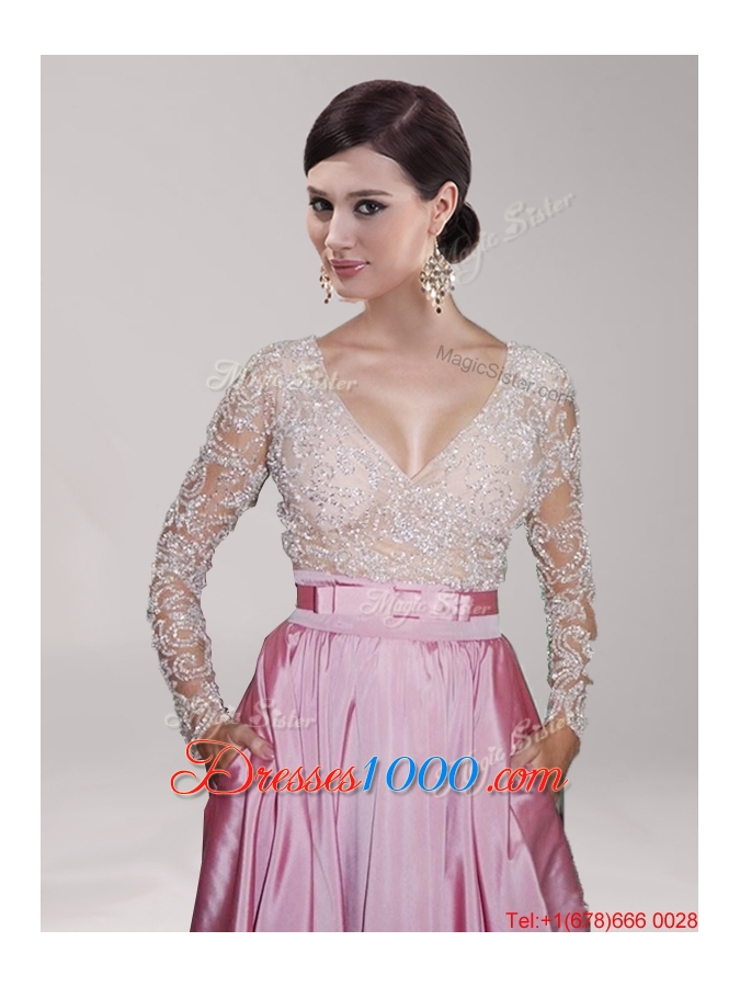 Best Deep V Neckline Long Sleeves Pink Evening Dress with Beading and Belt