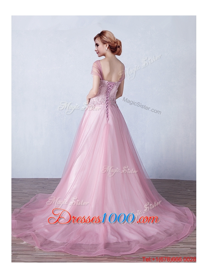 Classical Strapless Applique Brush Train Evening Dress in Tulle