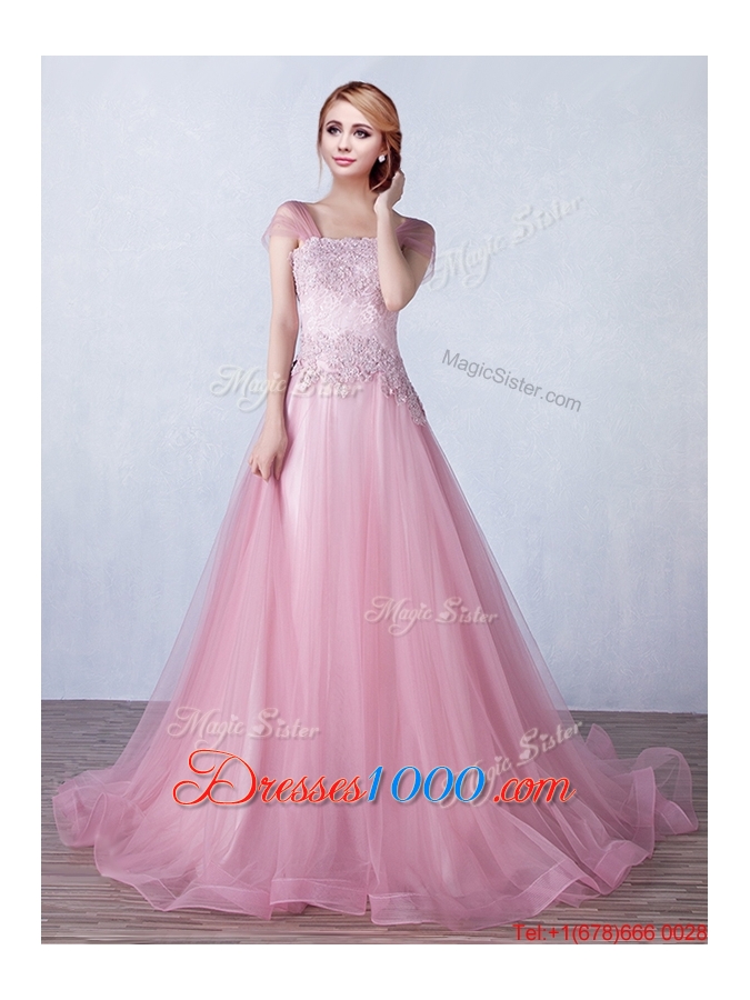 Classical Strapless Applique Brush Train Evening Dress in Tulle