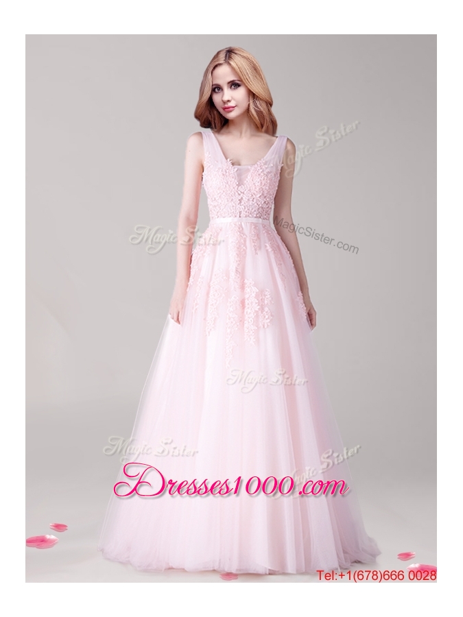 Comfortable V Neck Baby Pink Evening Dress with Appliques and Belt