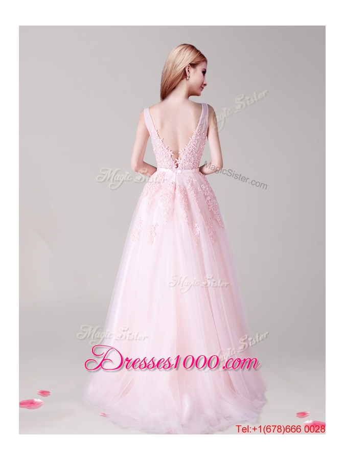 Comfortable V Neck Baby Pink Evening Dress with Appliques and Belt