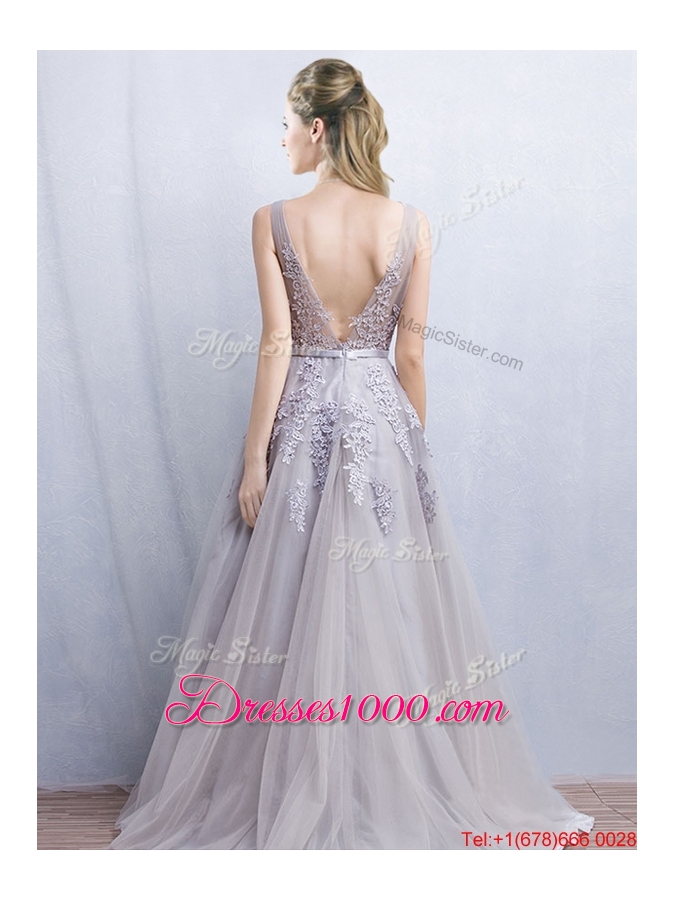 Discount V Neck Applique and Belted Backless Evening Dress in Grey