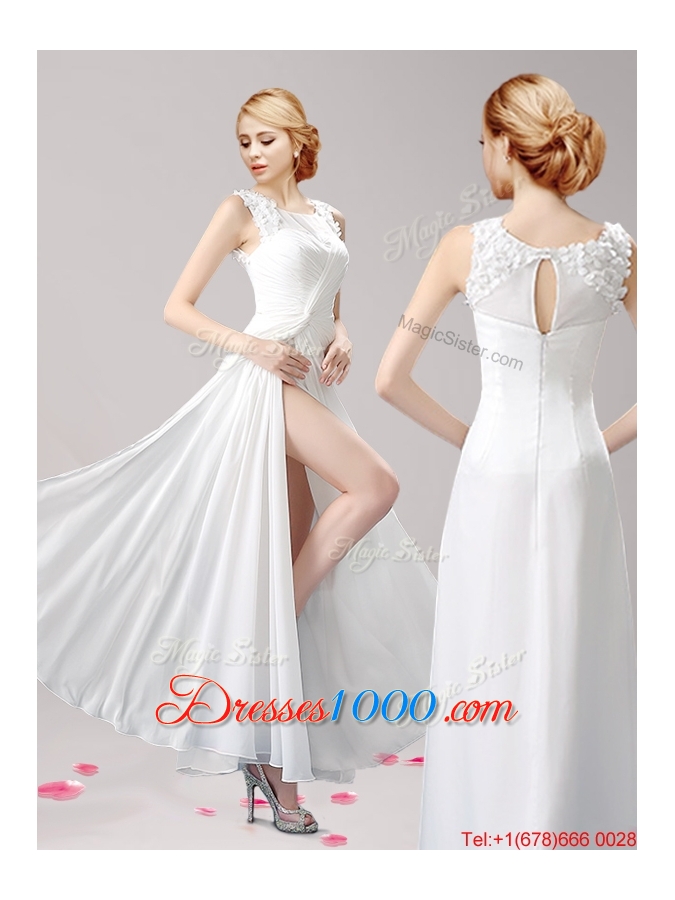 Elegant Scoop Applique High Slit Evening Dress in White