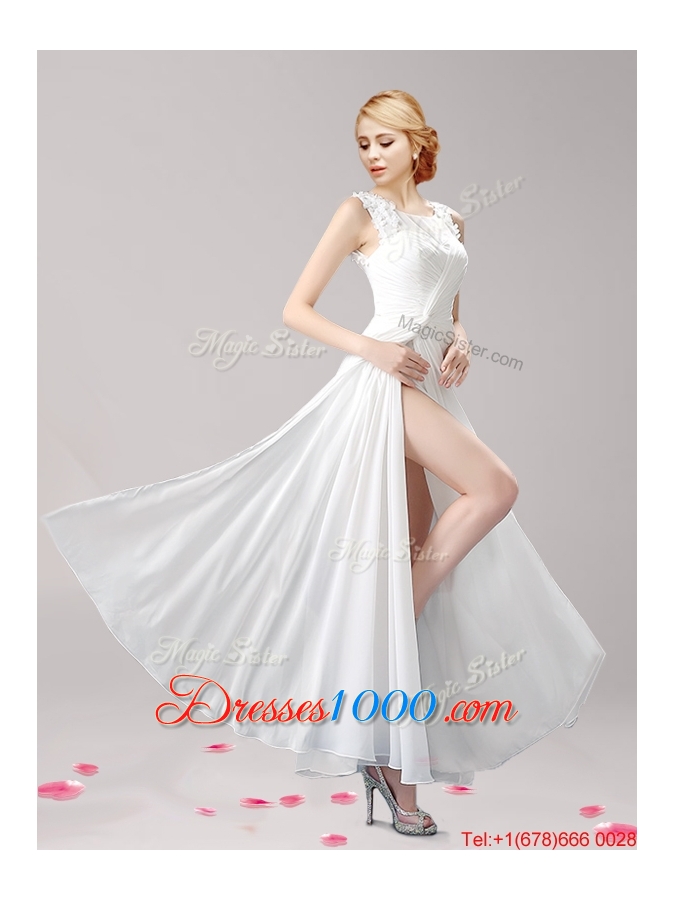 Elegant Scoop Applique High Slit Evening Dress in White