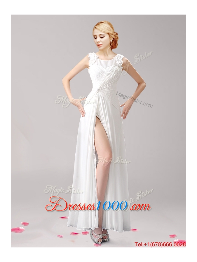 Elegant Scoop Applique High Slit Evening Dress in White