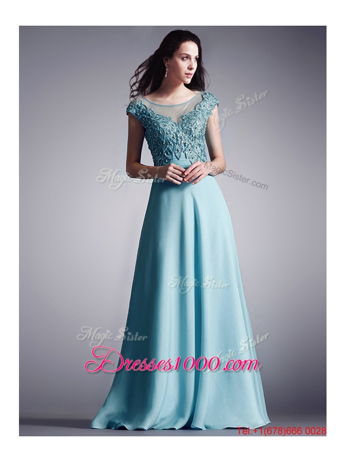 Elegant Scoop Cap Sleeves Applique Evening Dress in Light Blue