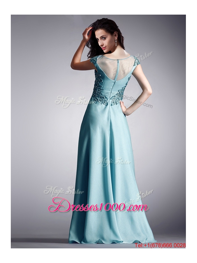 Elegant Scoop Cap Sleeves Applique Evening Dress in Light Blue