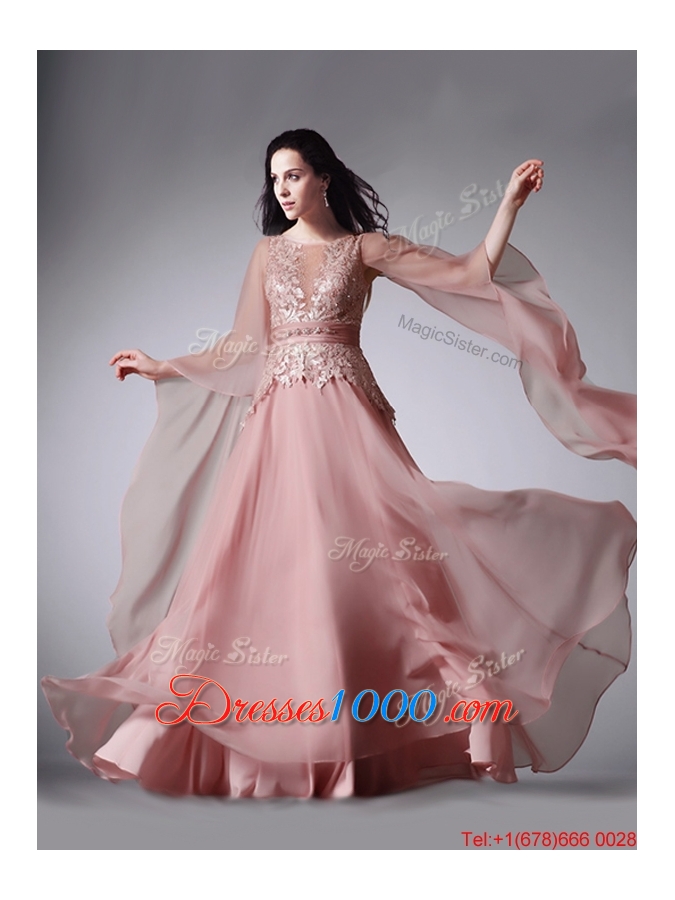 Fashionable Scoop Three Fourth Length Sleeves Pink Evening Dress with Belt and Lace