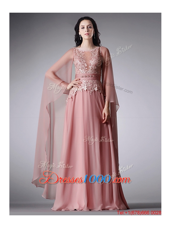 Fashionable Scoop Three Fourth Length Sleeves Pink Evening Dress with Belt and Lace