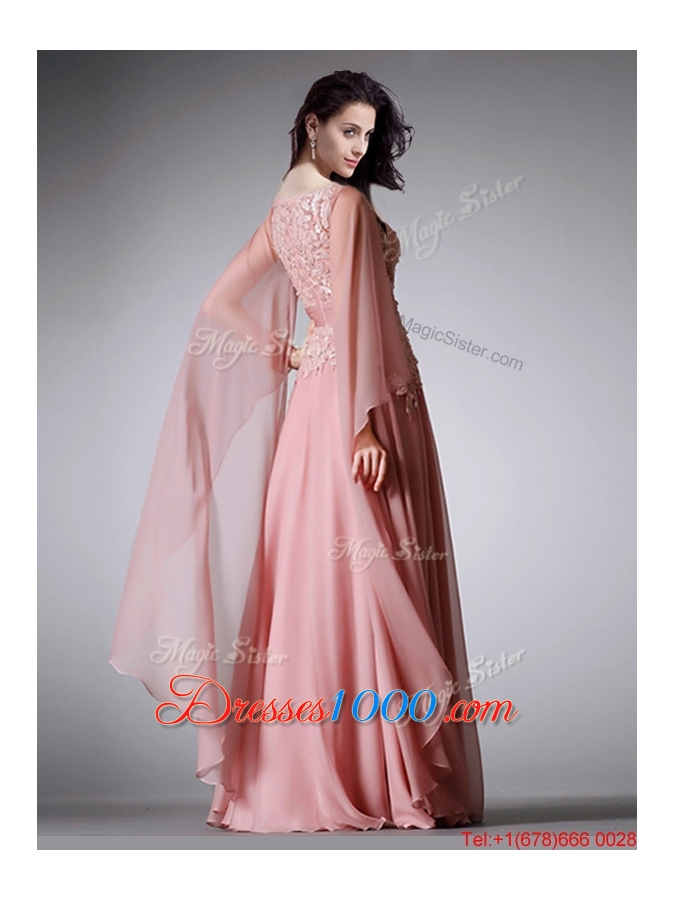 Fashionable Scoop Three Fourth Length Sleeves Pink Evening Dress with Belt and Lace