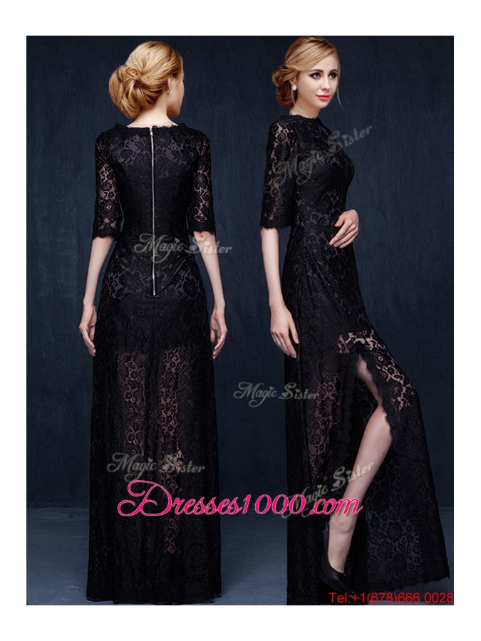 Latest Scoop Half Sleeves Laced High Slit Evening Dress in Black