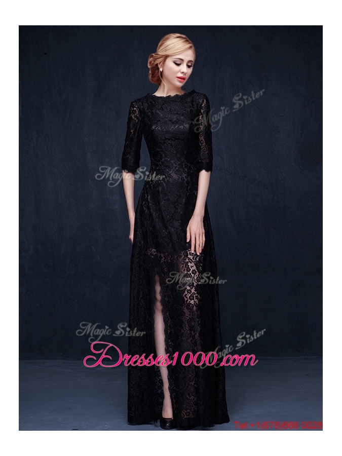 Latest Scoop Half Sleeves Laced High Slit Evening Dress in Black