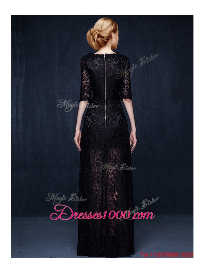 Latest Scoop Half Sleeves Laced High Slit Evening Dress in Black