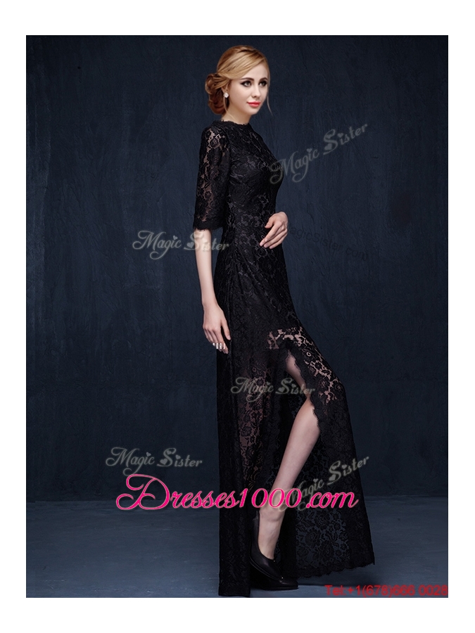 Latest Scoop Half Sleeves Laced High Slit Evening Dress in Black