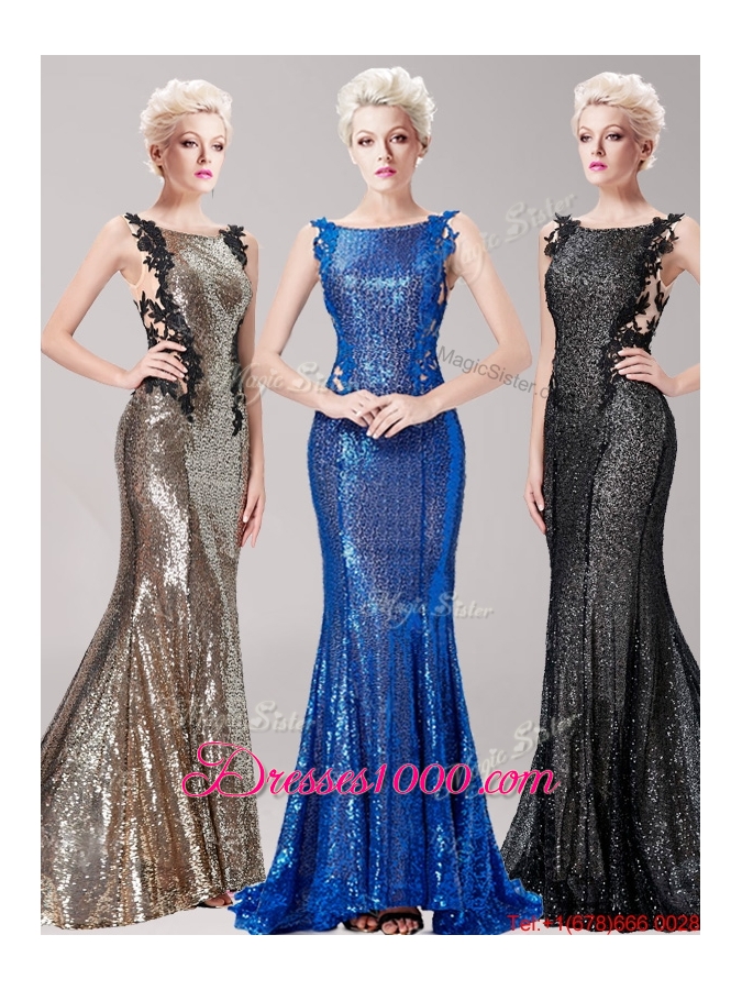 New Style Square Royal Blue Evening Dress with Sequines and Appliques
