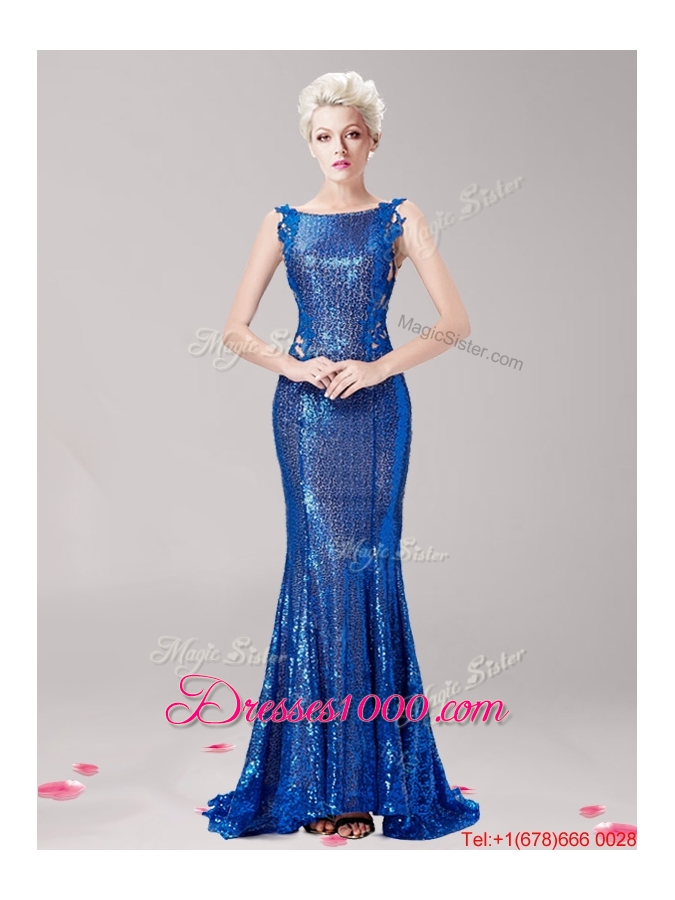New Style Square Royal Blue Evening Dress with Sequines and Appliques