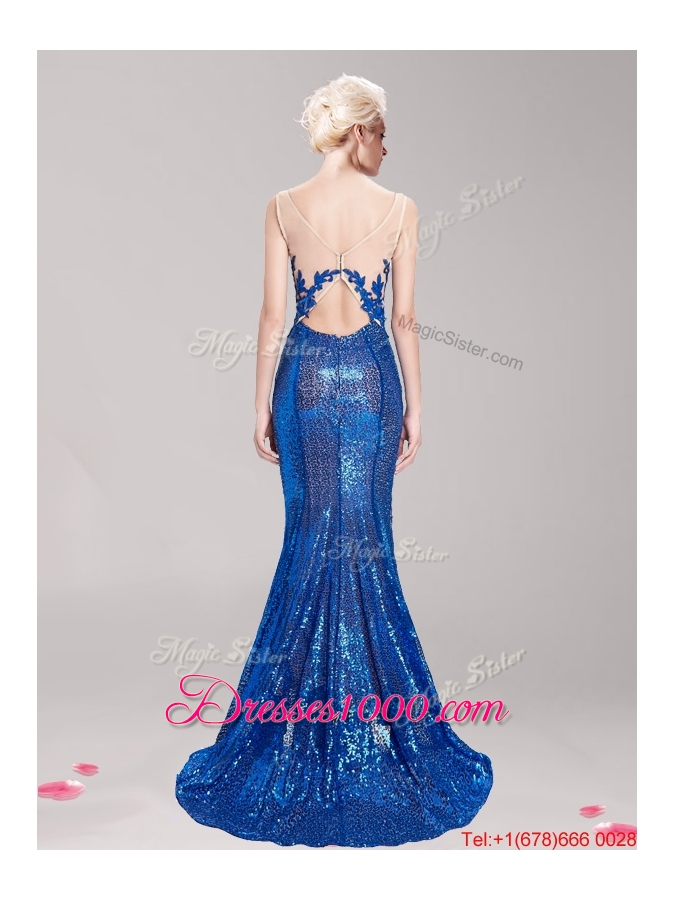 New Style Square Royal Blue Evening Dress with Sequines and Appliques