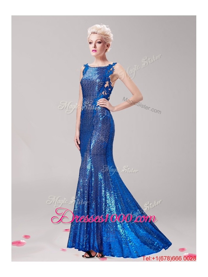 New Style Square Royal Blue Evening Dress with Sequines and Appliques