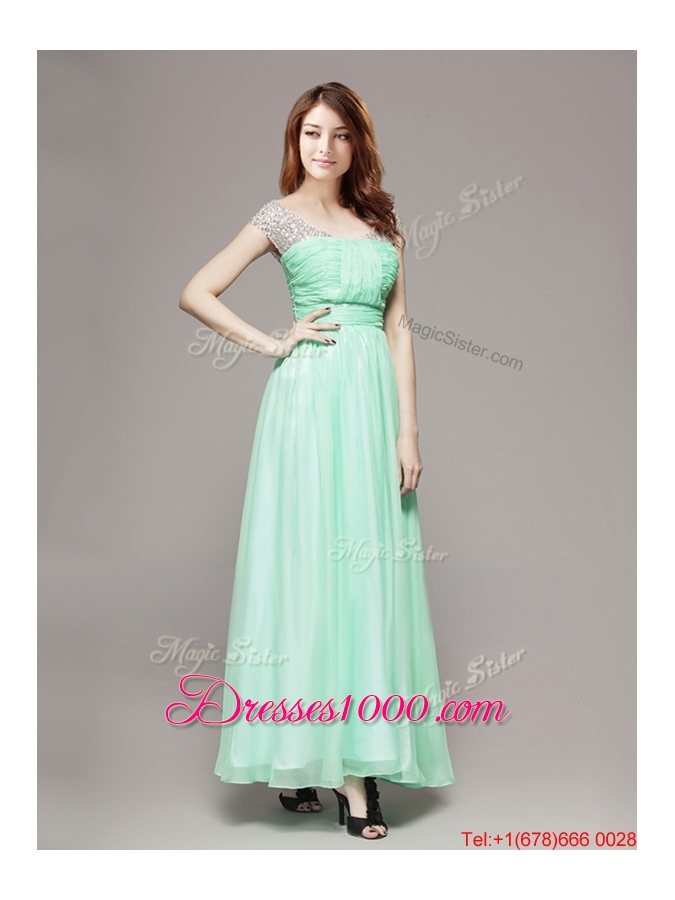 Perfect V Neck Cap Sleeves Beaded Evening Dress in Apple Green for Spring