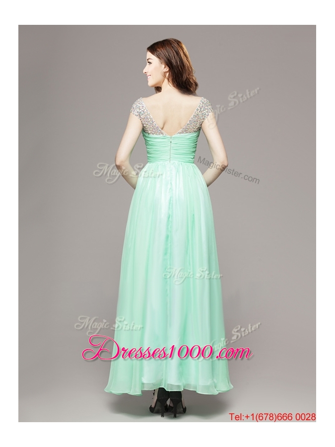 Perfect V Neck Cap Sleeves Beaded Evening Dress in Apple Green for Spring