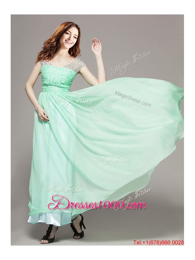 Perfect V Neck Cap Sleeves Beaded Evening Dress in Apple Green for Spring