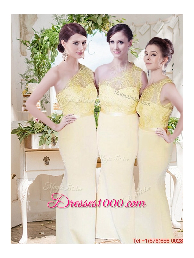 See Through One Shoulder Laced and Belted Evening Dress in Yellow