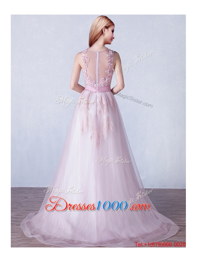 See Through Scoop Applique and Hand Made Flowers Evening Dress with Brush Train