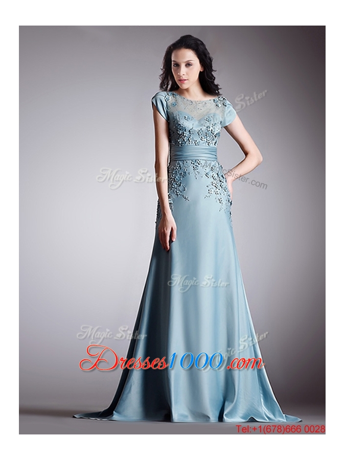 See Through Scoop Cap Sleeves Brush Train Evening Dress with Appliques