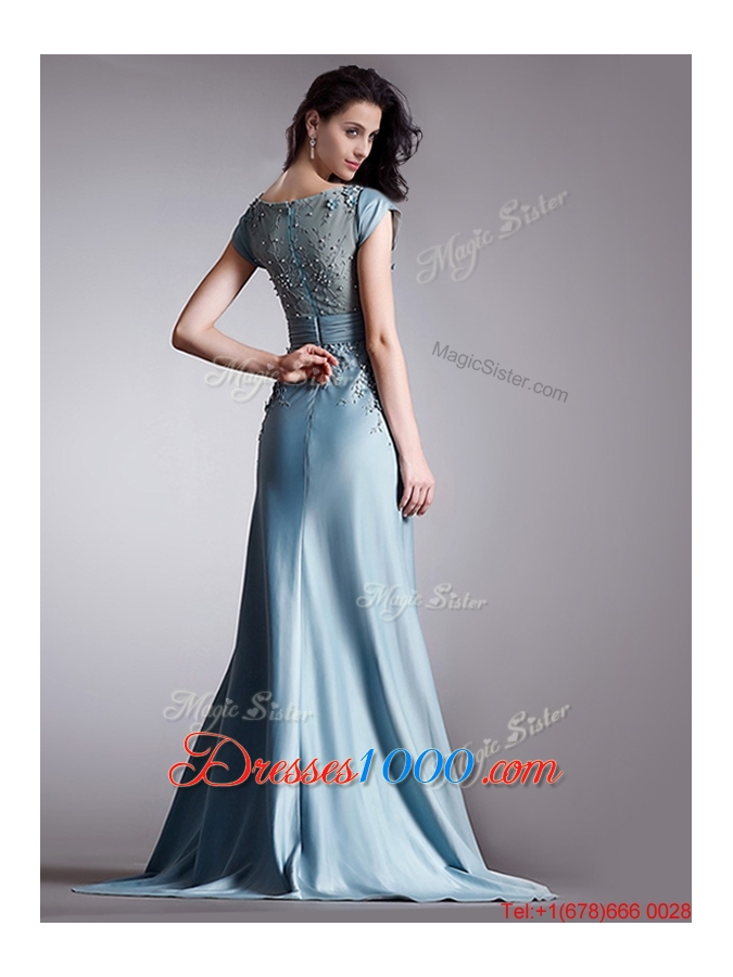 See Through Scoop Cap Sleeves Brush Train Evening Dress with Appliques