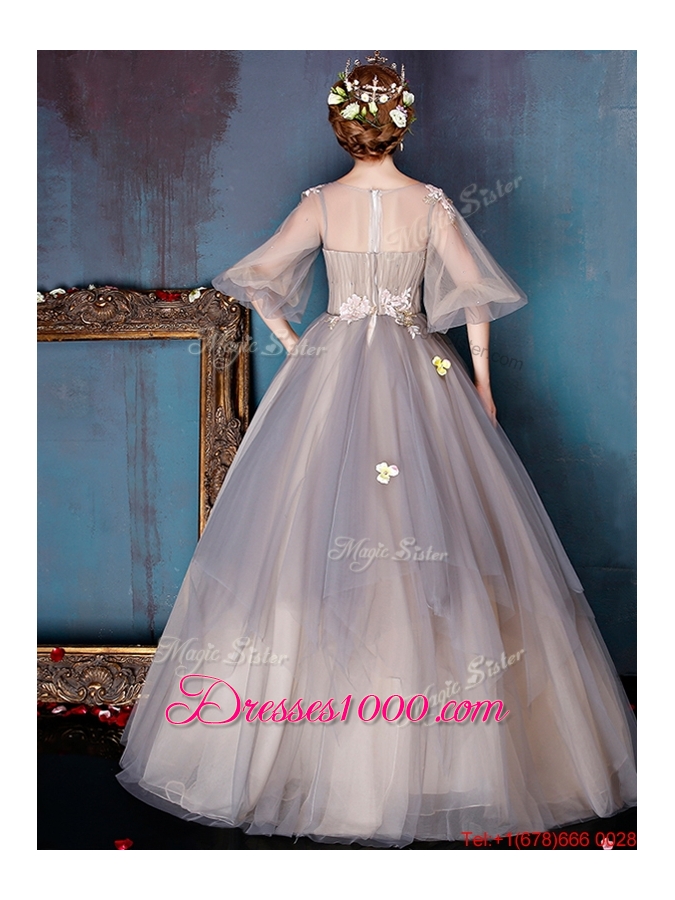 See Through Scoop Half Sleeves Applique Evening Dress in Grey